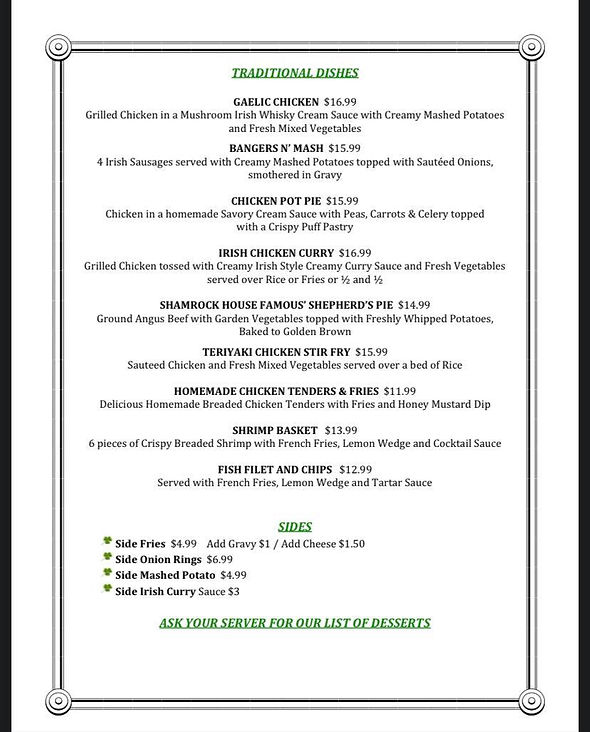Dining Menu shamrockhouse